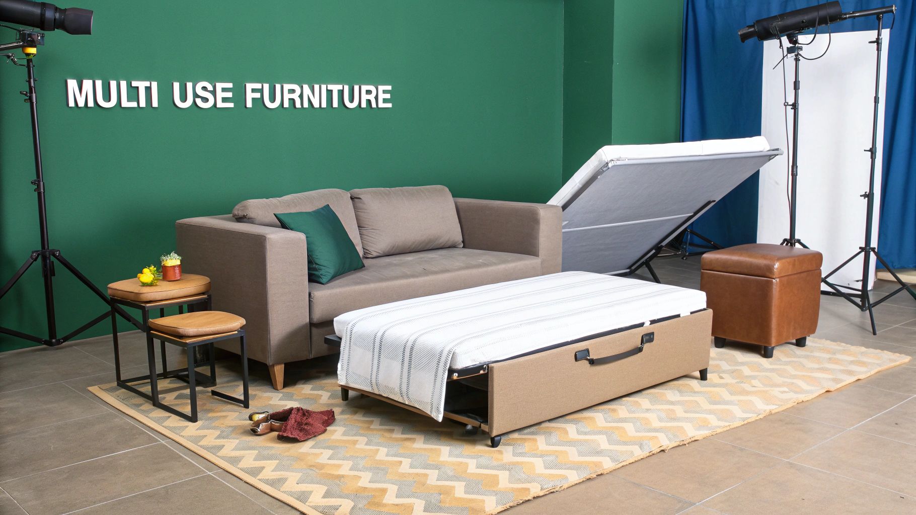 A studio set showcasing multi-use furniture: a sofa, transforming ottoman bed, and nesting tables.