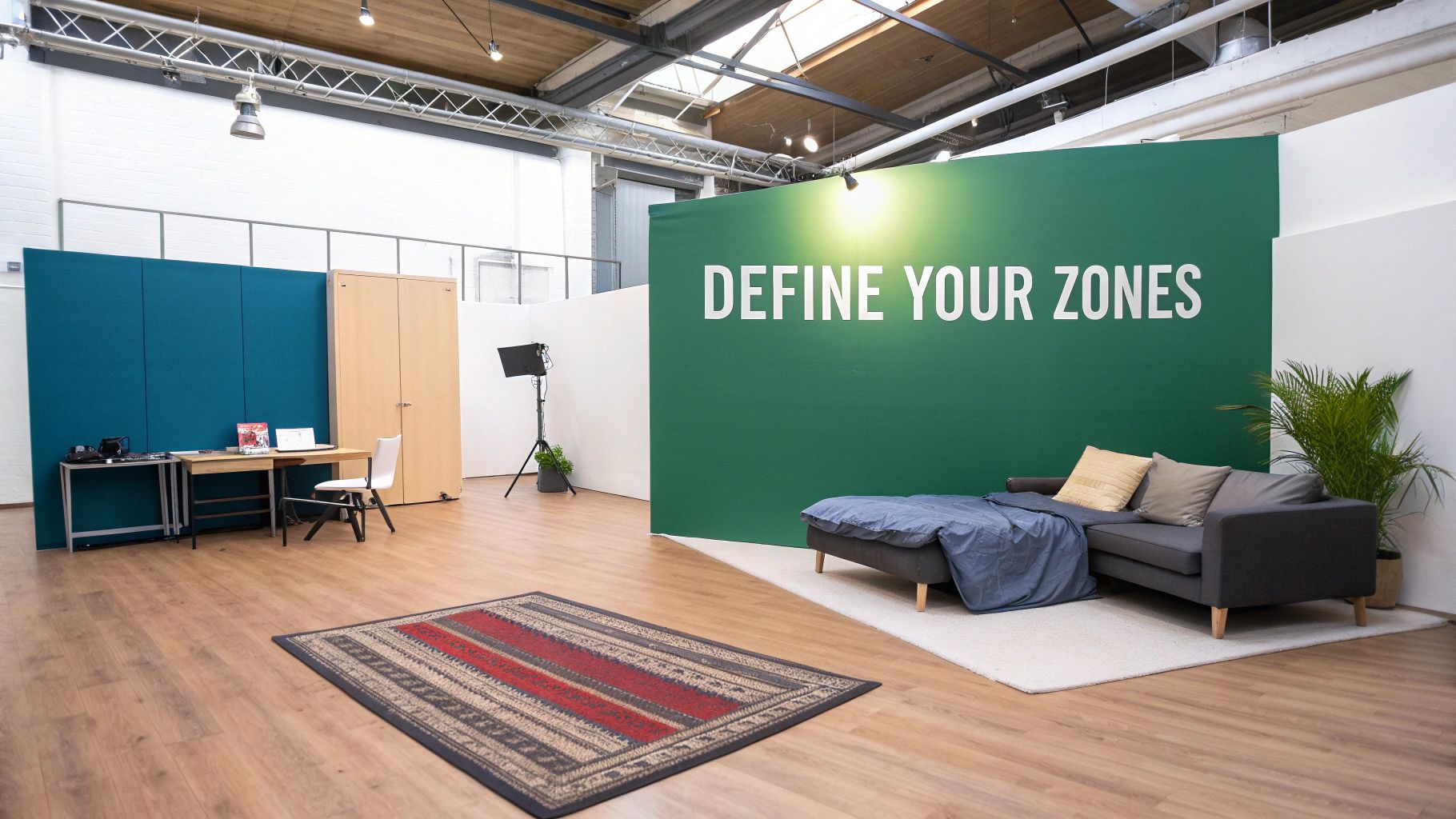 Spacious studio apartment showroom with distinct living zones, including a workspace and a lounge area.