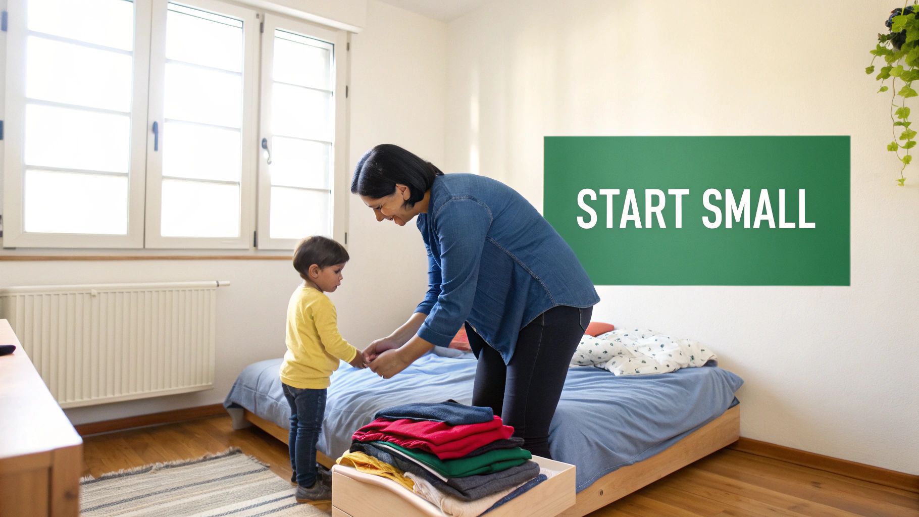A smiling woman teaches a young child to fold clothes in a bright room.