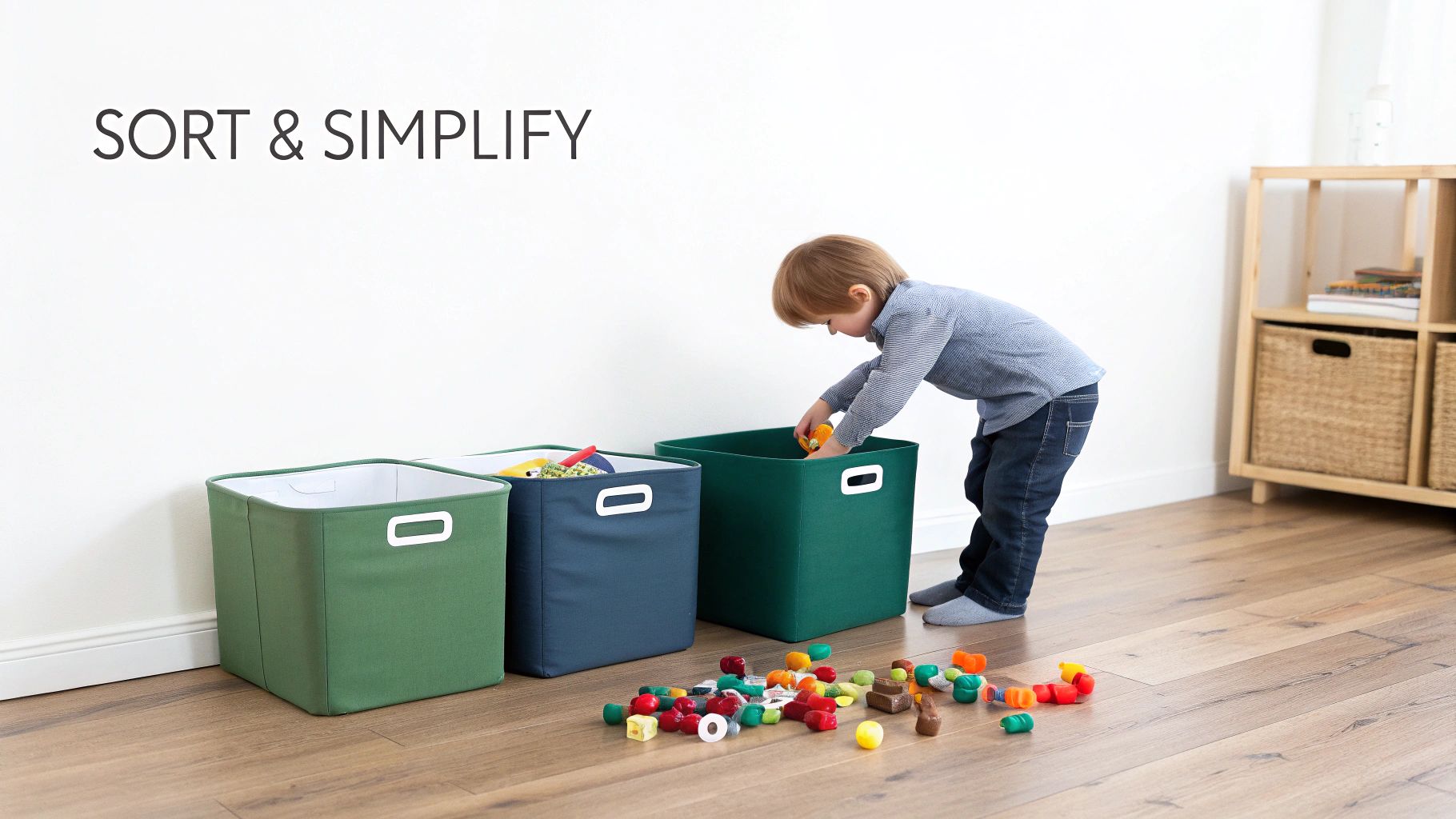 Young child sorting colorful toy blocks into green and blue fabric storage bins on a wooden floor.