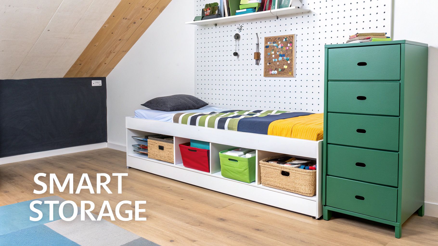 Smart storage solutions in a child's bedroom, including a bed with built-in shelves and a green dresser.