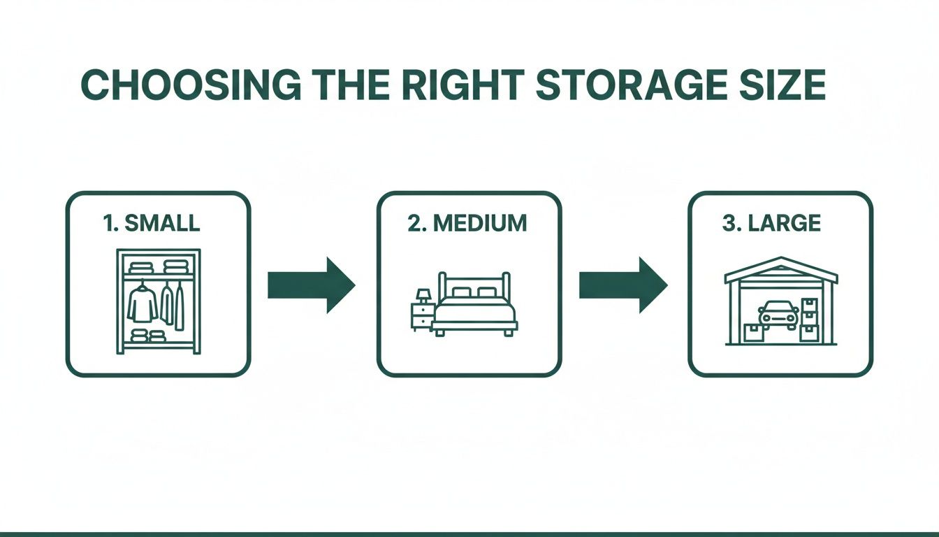 Flowchart illustrating how to choose the right storage unit size, showing small, medium, and large options with corresponding examples.