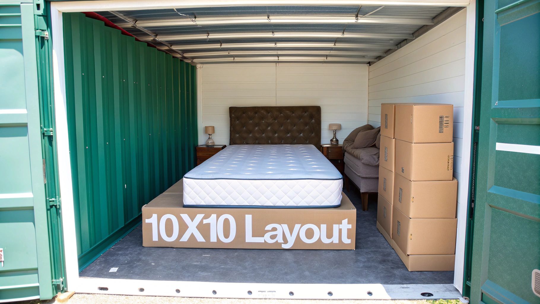 A well-organized 10x10 storage unit displaying a bedroom layout with furniture and moving boxes.