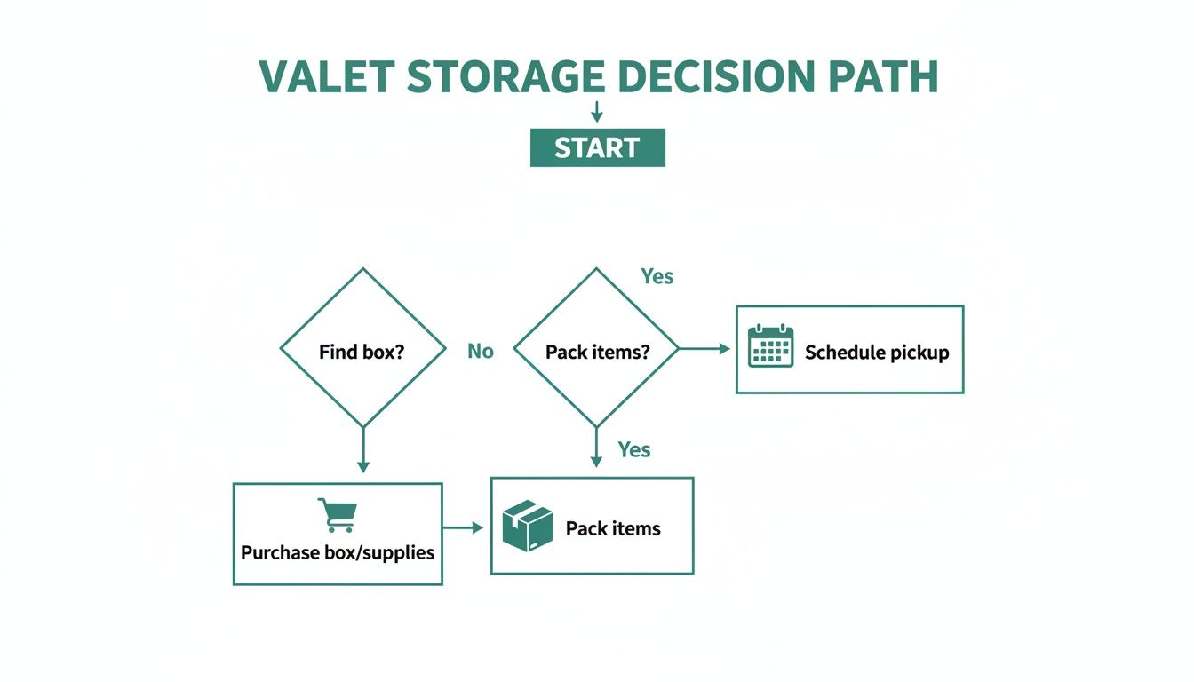 A flowchart outlining the decision path for valet storage, from finding boxes to scheduling pickup.