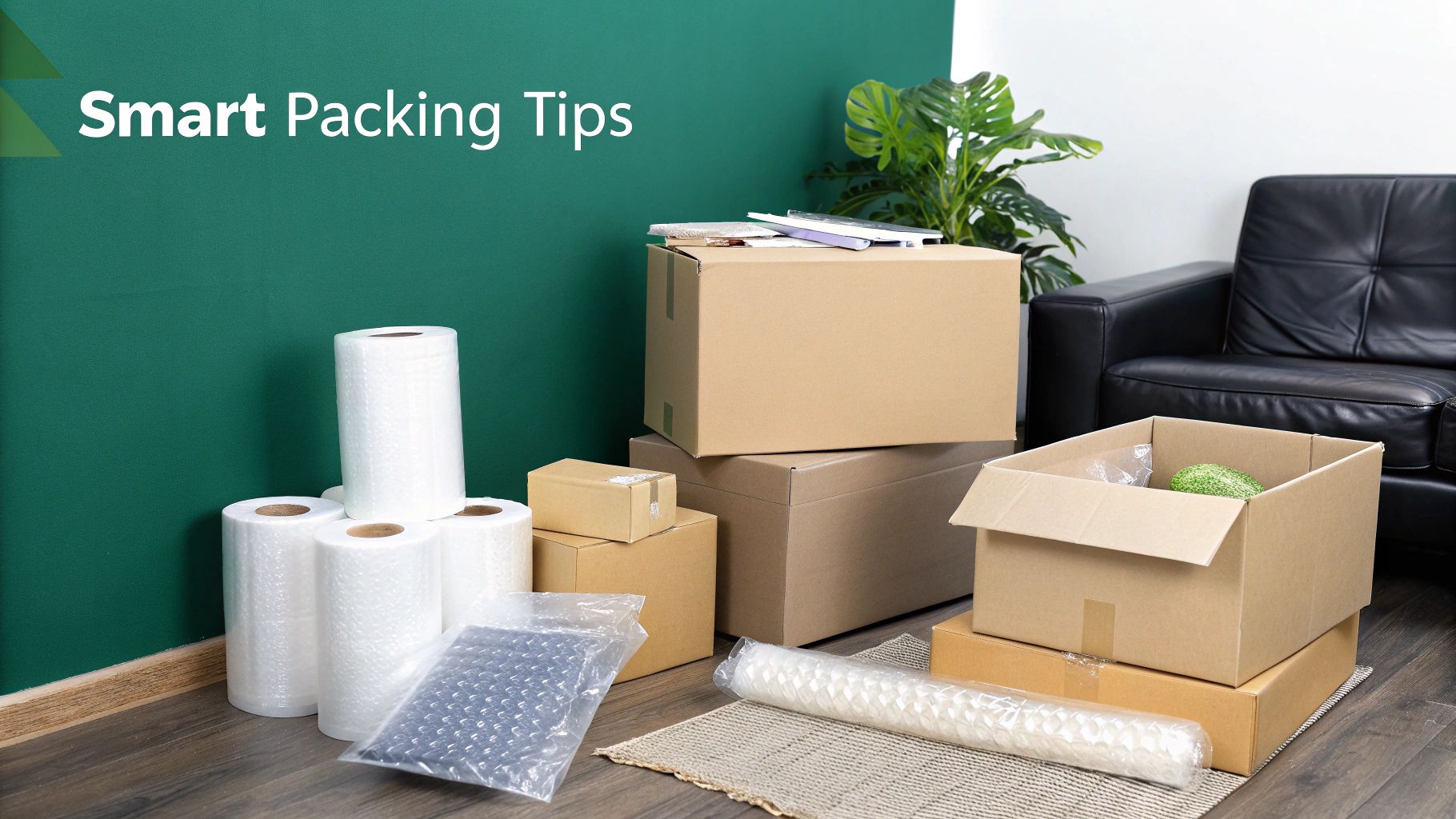 Assortment of moving and packing supplies like cardboard boxes, bubble wrap, and an open box against a green wall.