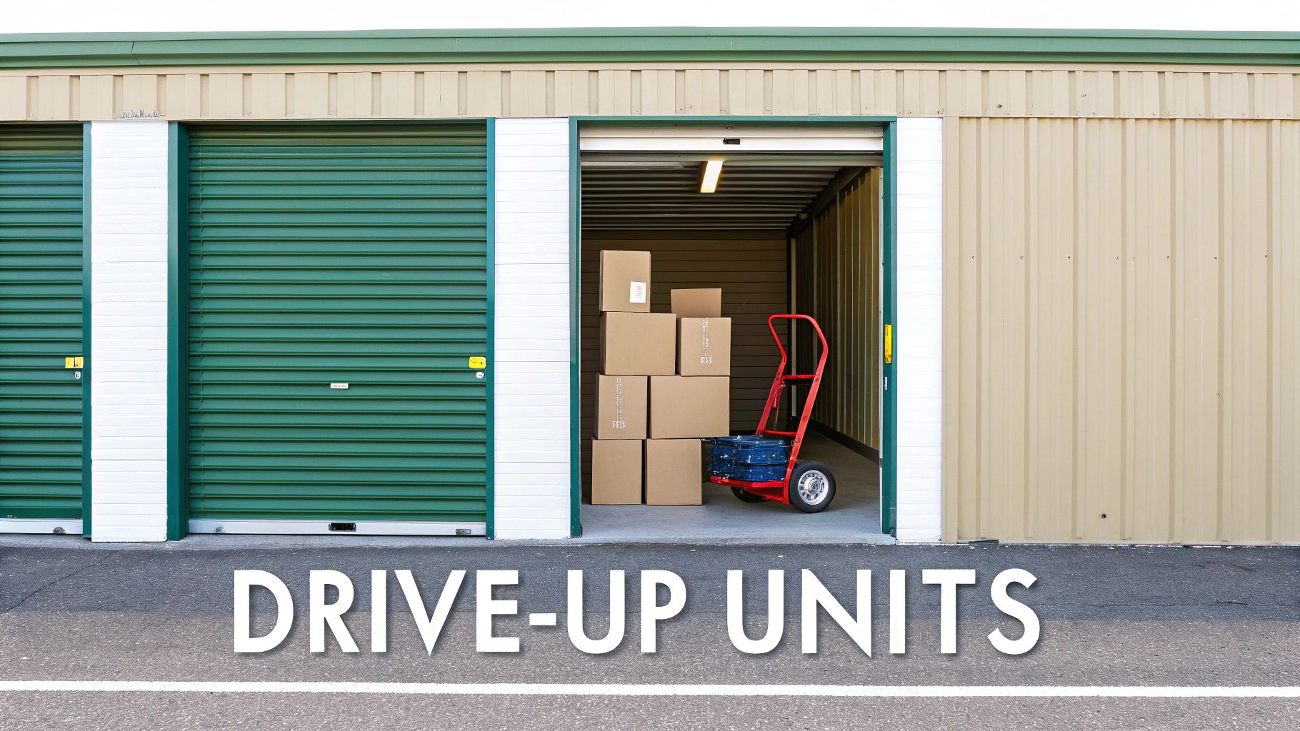 A row of drive-up self-storage units, one open with moving boxes and a hand truck inside.