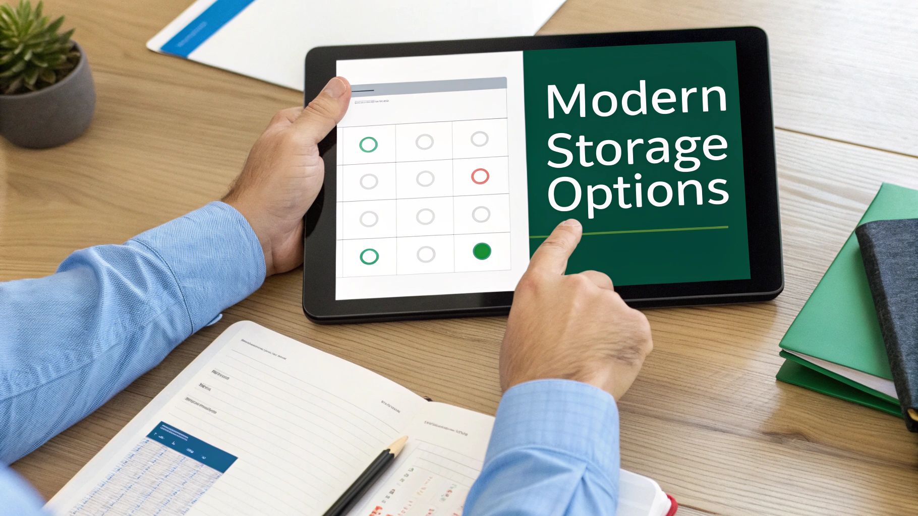 A person's hands holding a tablet displaying "Modern Storage Options" and a survey.