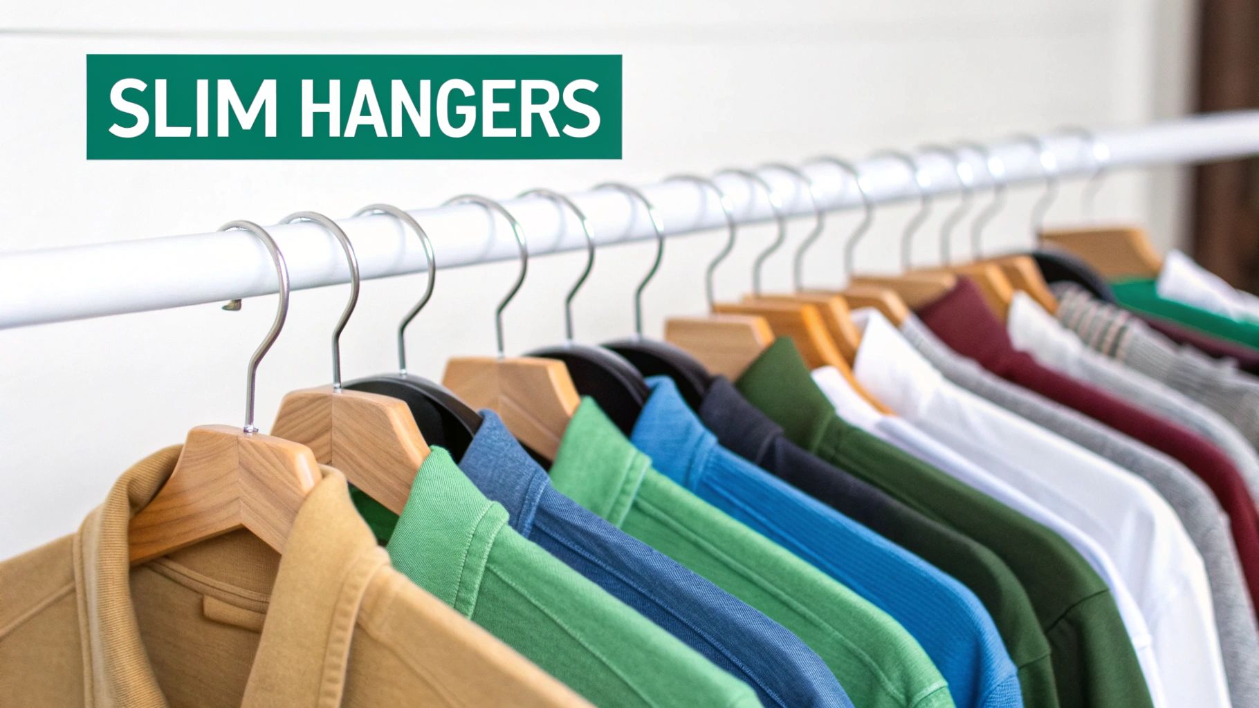 A row of colorful shirts on slim wooden hangers on a white clothes rack with 'SLIM HANGERS' text.
