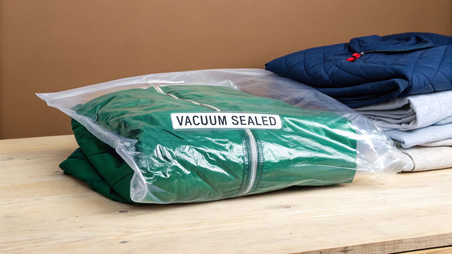 A green jacket is vacuum-sealed in a plastic bag on a wooden table, next to a stack of folded clothes.