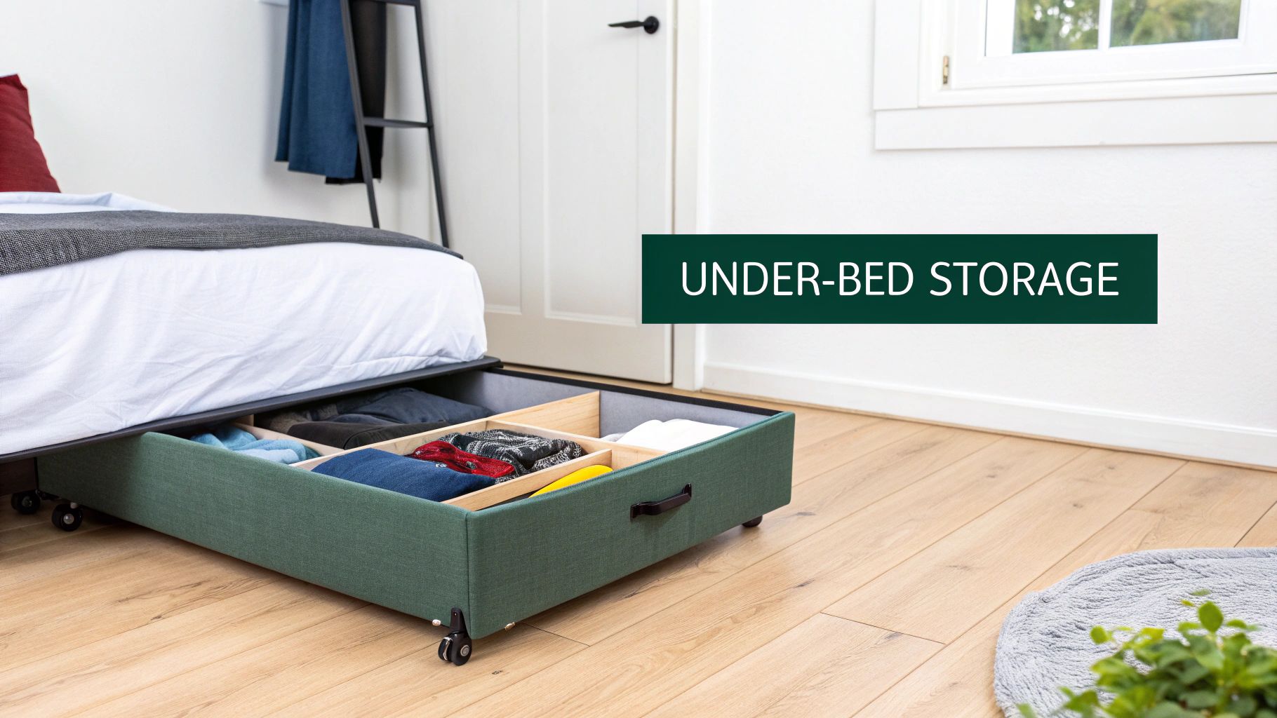 A convenient green under-bed storage drawer on wheels, filled with various neatly folded clothes.