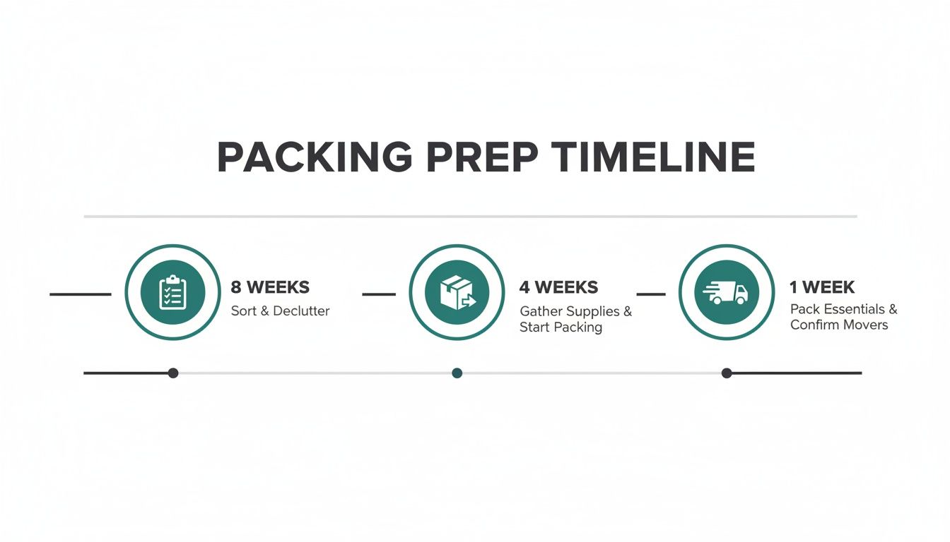 A packing prep timeline with three stages: 8 weeks (sort), 4 weeks (pack), and 1 week (move).
