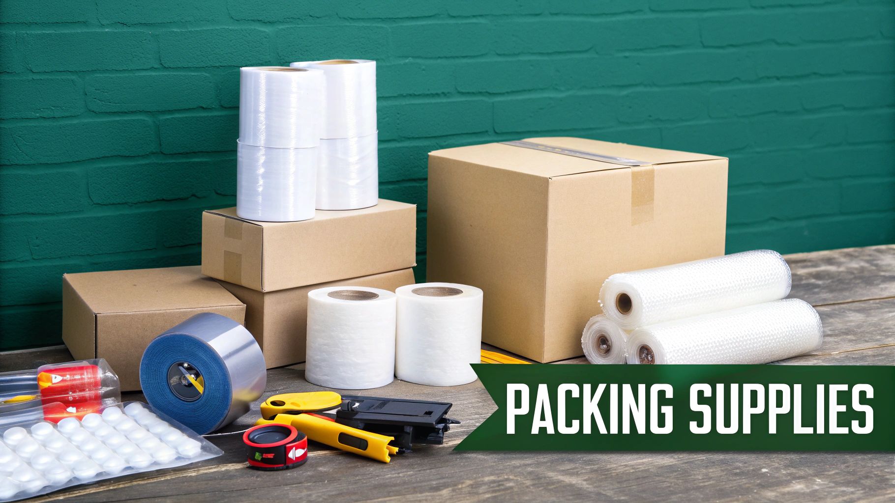 A variety of packing supplies including cardboard boxes, bubble wrap, tape, and cutters on a wooden table.
