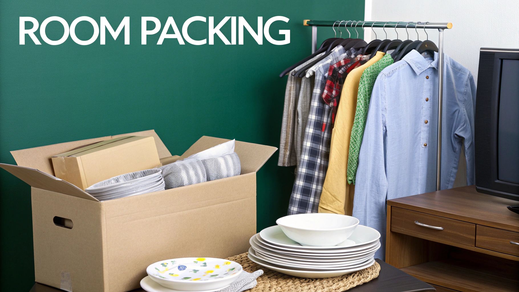 A room being packed with a cardboard box, clothes rack, dishes, and a TV, indicating moving preparation.