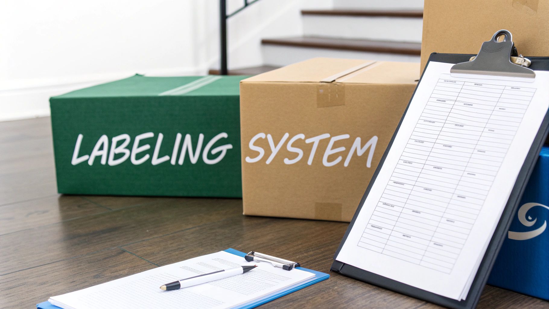 Two labeled boxes, one green and one brown, with clipboards and papers for moving organization.