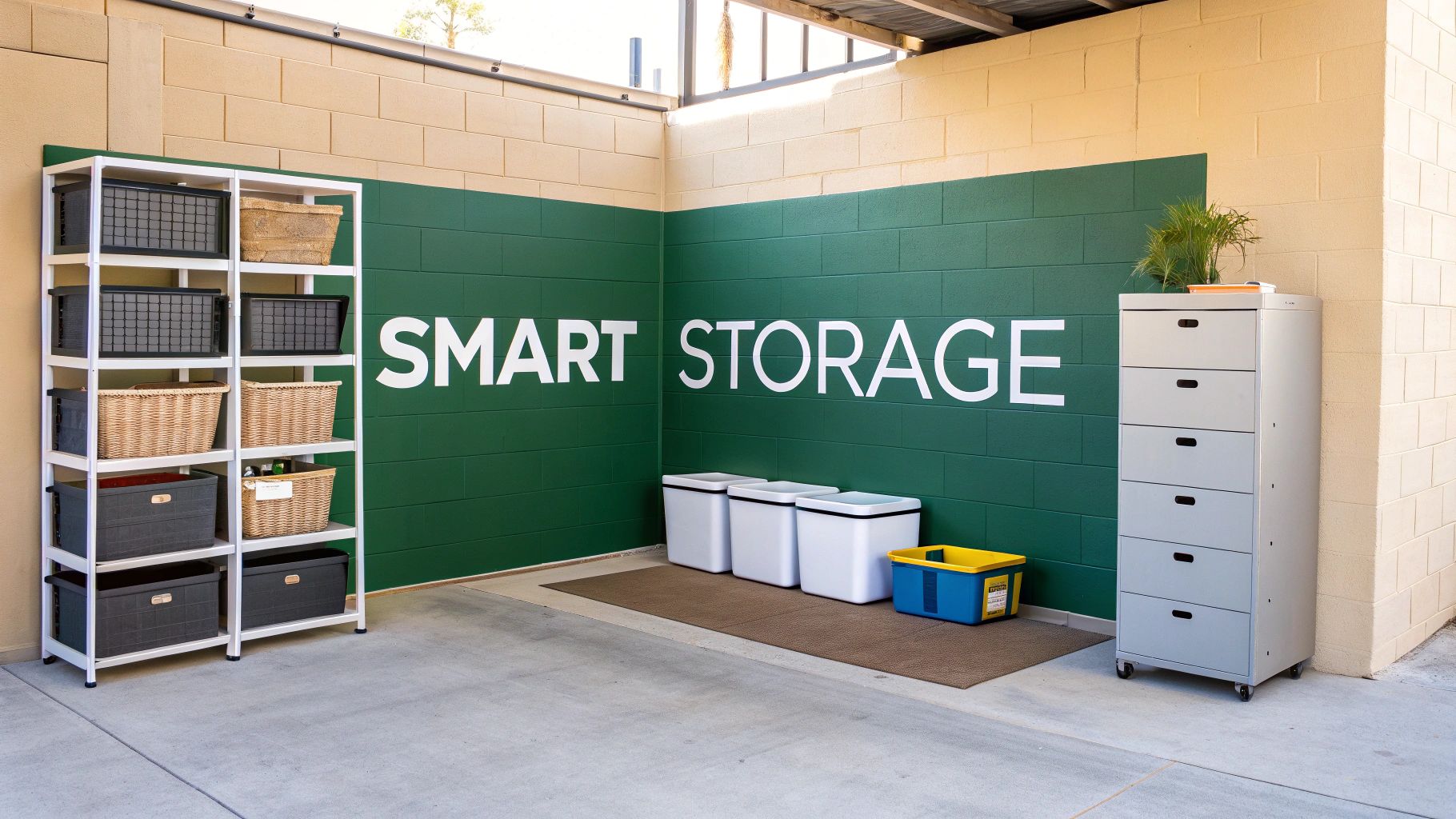 A brightly lit 'Smart Storage' area featuring organized shelves with various bins and a gray drawer unit.