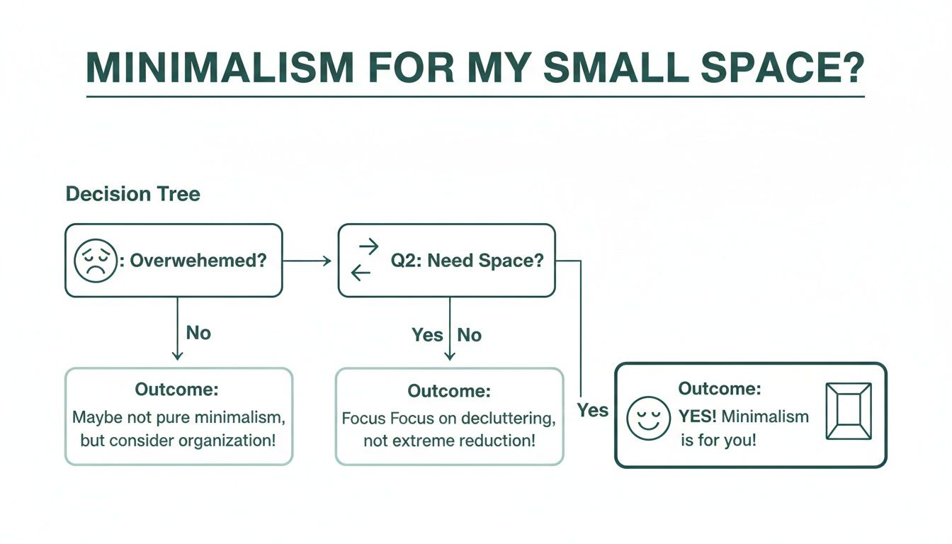 A decision tree flowchart titled 'Minimalism for My Small Space?' guiding users based on feeling overwhelmed and needing space.