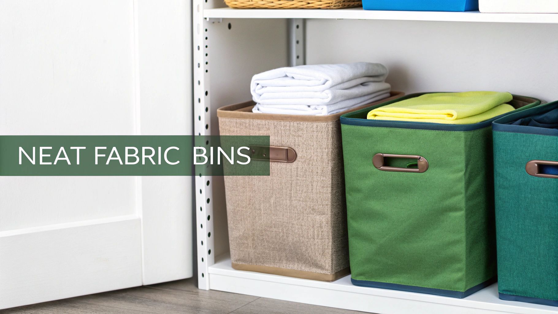 Neat fabric storage bins in beige, green, and dark green on a white shelf, holding folded textiles.