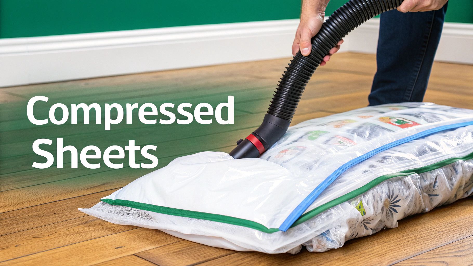 A hand holds a vacuum hose, compressing bed sheets in a clear storage bag on a wooden floor.