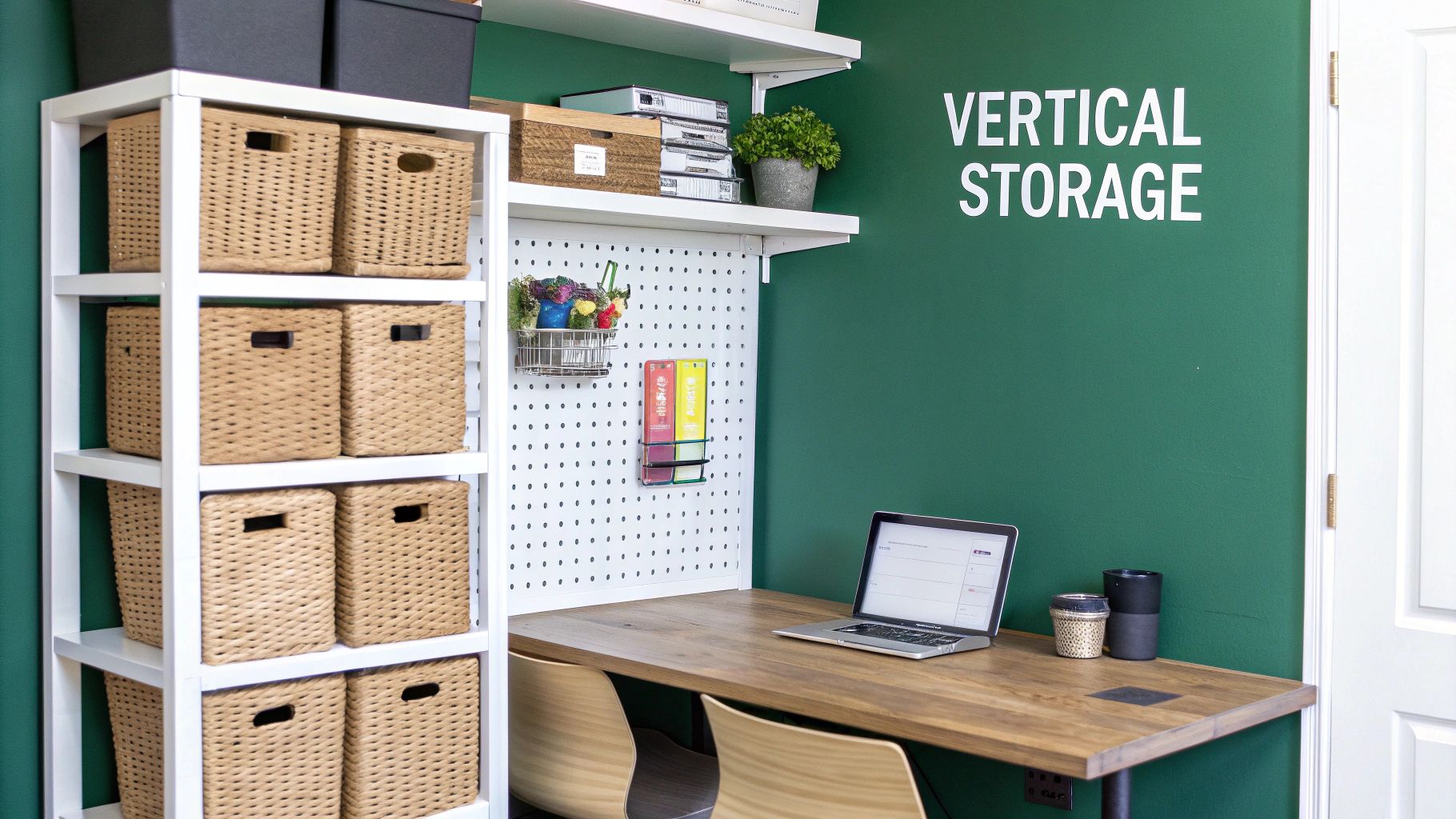An organized home office featuring white shelving, woven baskets, a pegboard, and a wooden desk.