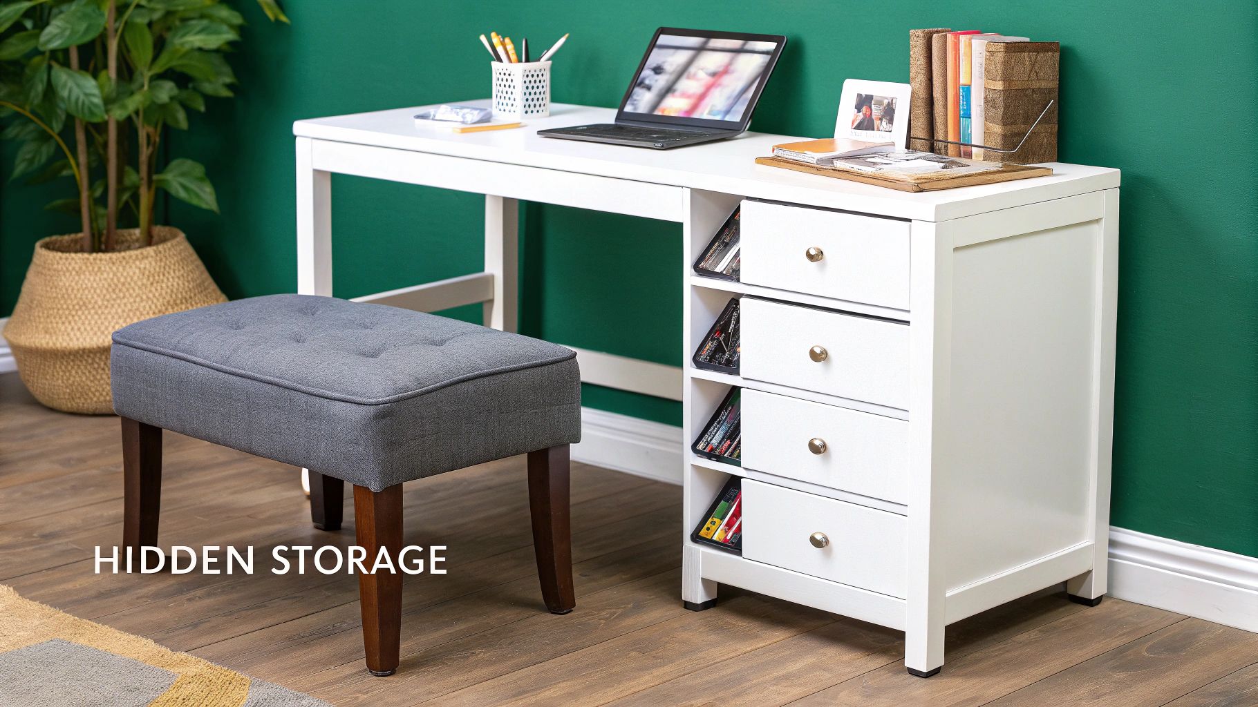 A white desk with a laptop and books, next to a gray ottoman with hidden storage in a home office.