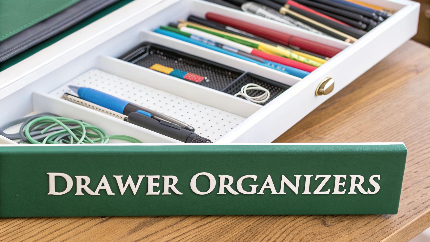 An open white drawer organizer filled with colorful pens, rubber bands, and other office supplies.