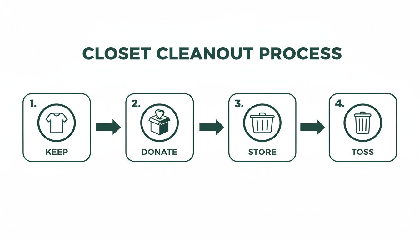 A diagram illustrating a four-step closet cleanout process: Keep, Donate, Store, Toss.