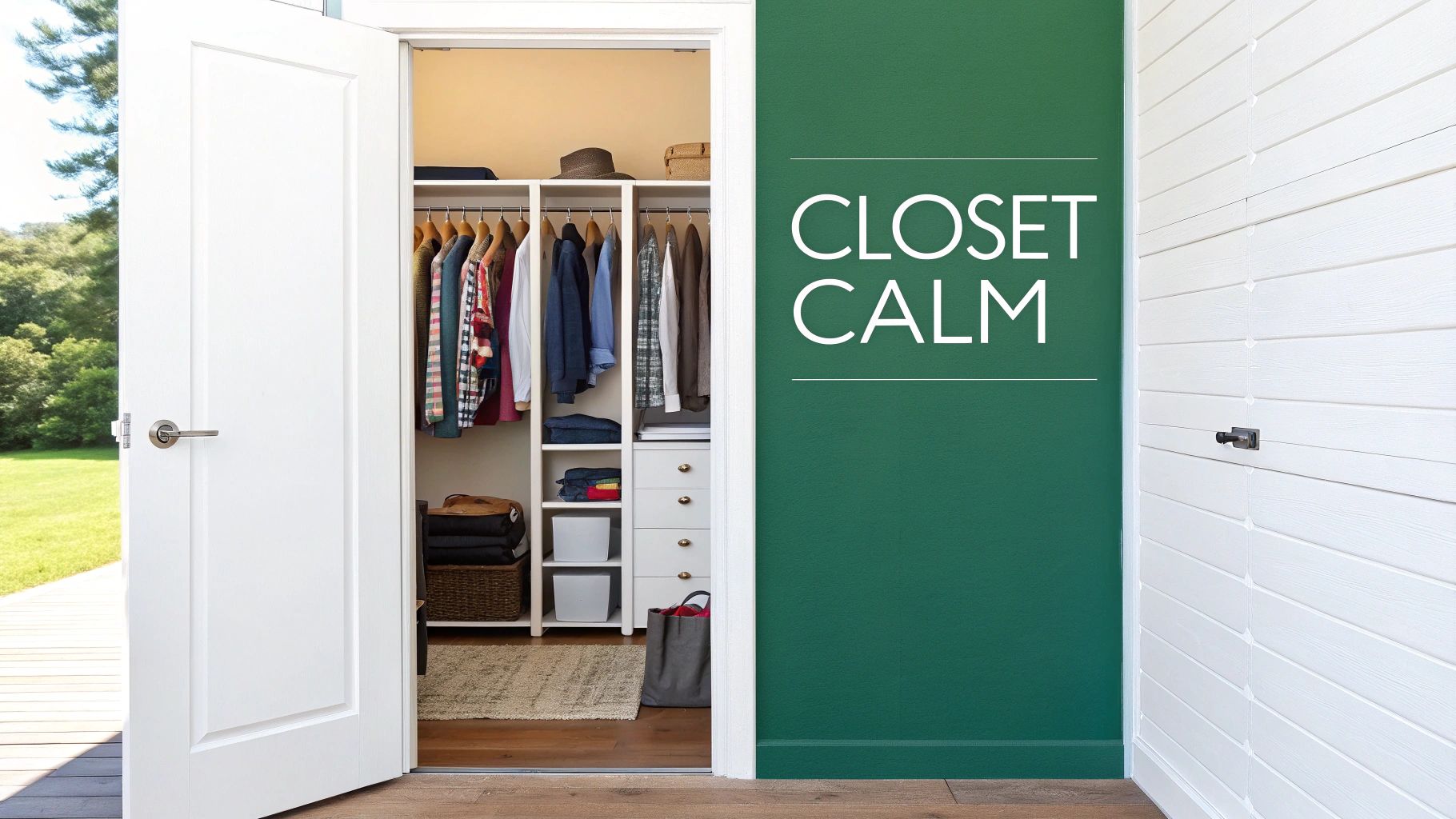 An open, organized closet with clothes, shelves, and drawers, next to a green wall with 'CLOSET CALM'.
