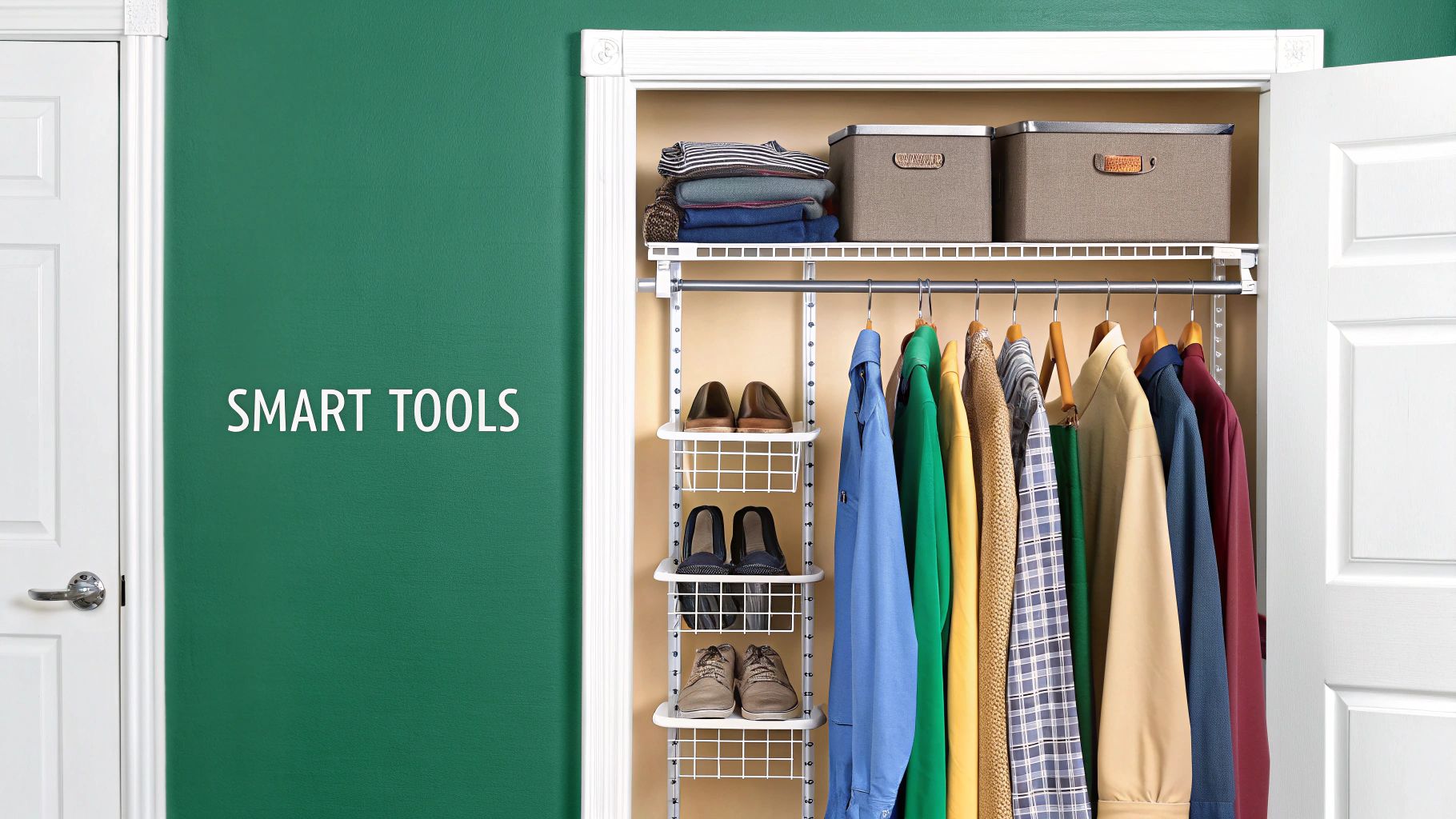 A neatly organized closet with various clothes, shoes, and storage bins next to a green wall.