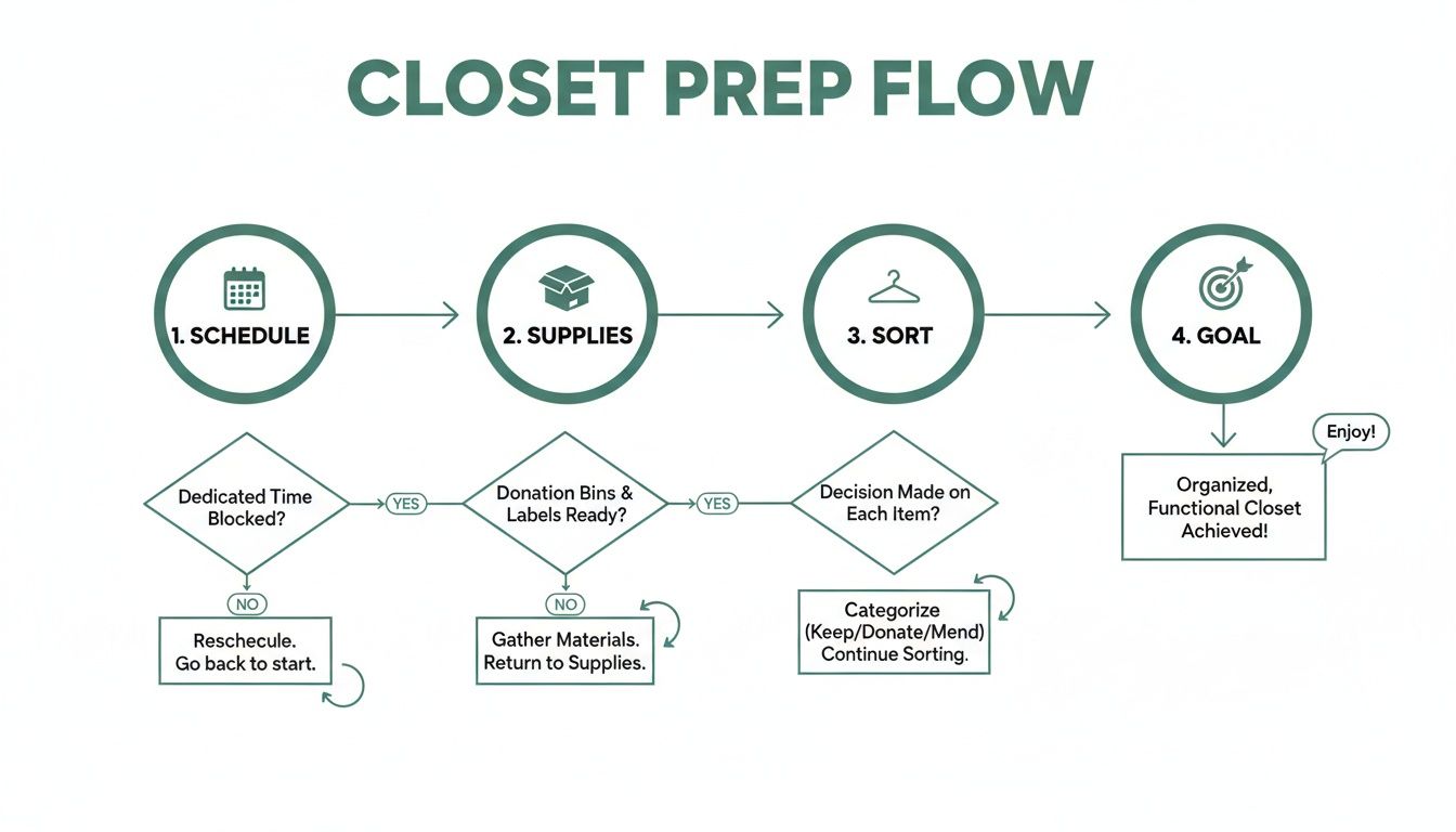 A green and white flowchart titled 'Closet Prep Flow' outlining steps to organize a closet.