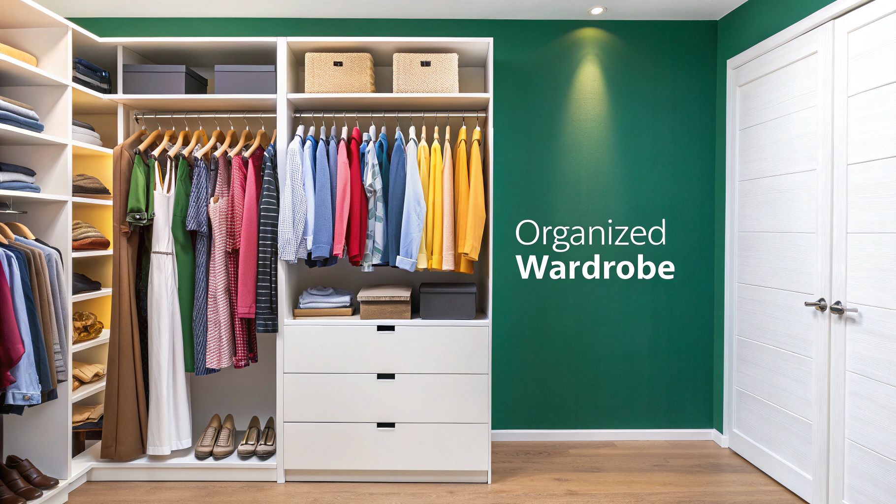 A brightly lit, spacious walk-in wardrobe with neatly organized clothes, shelves, and drawers.