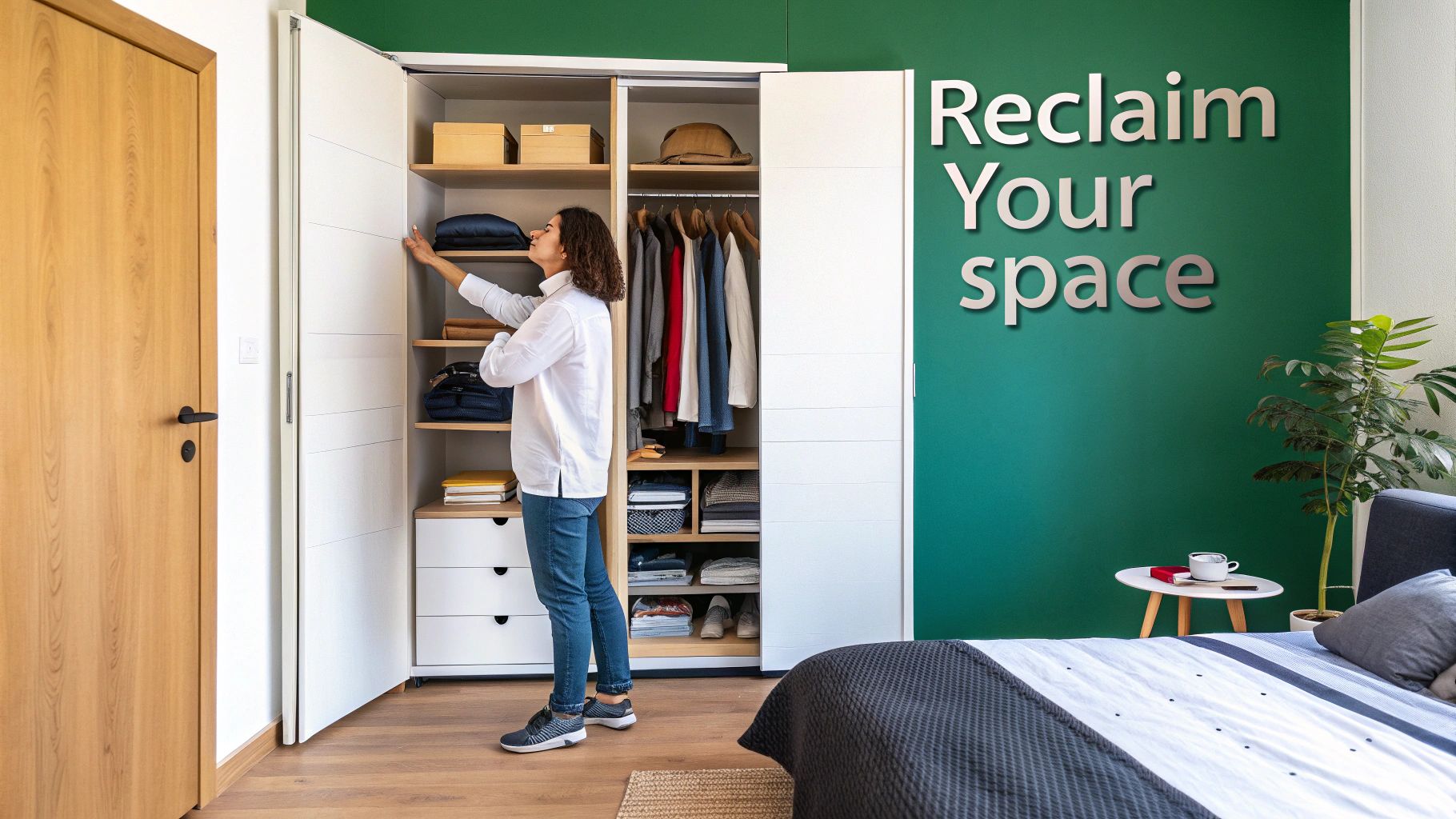 A person organizes a spacious, modern closet in a bedroom with a green wall, featuring shelves and hanging clothes.