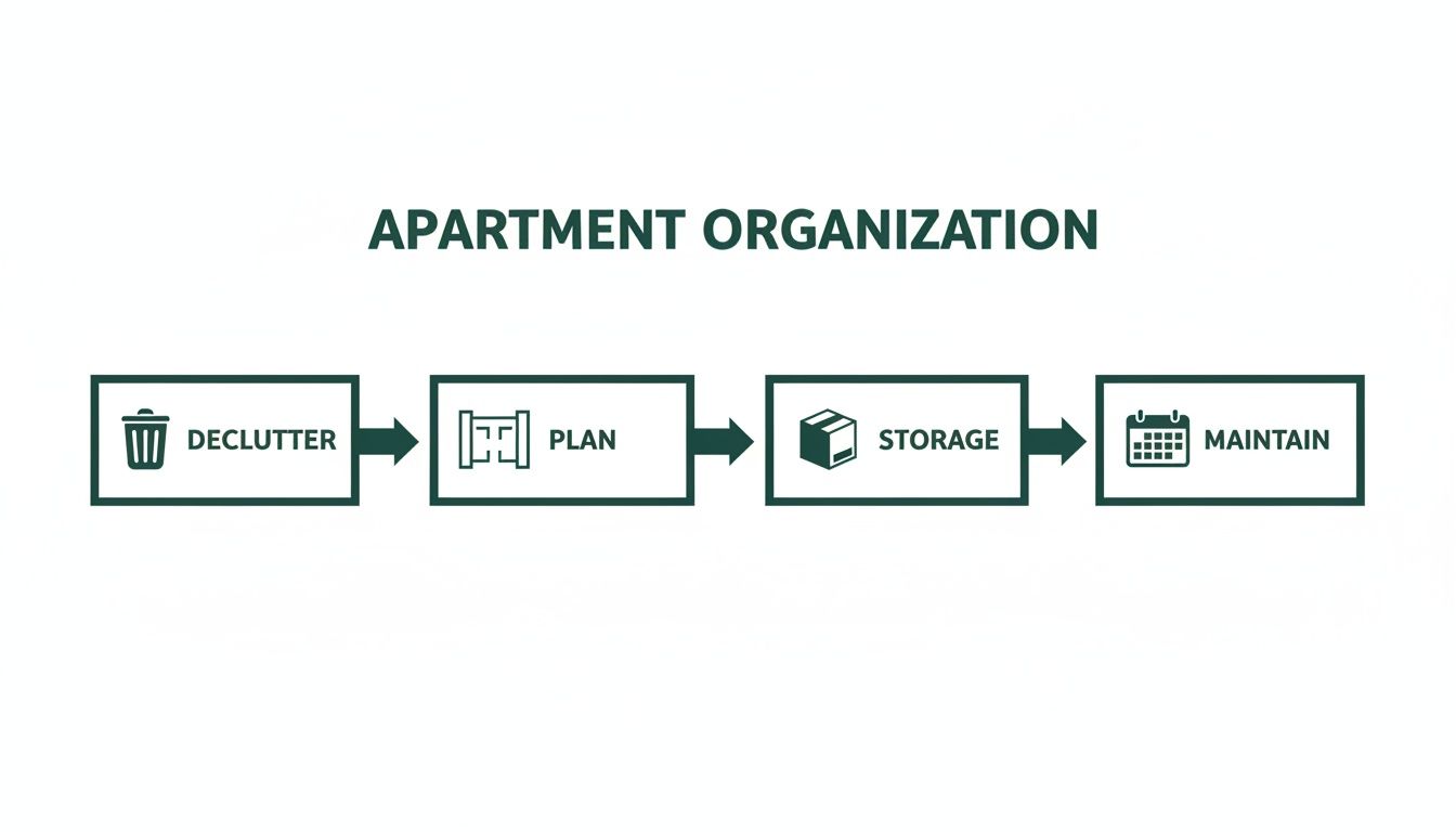 A simple flowchart outlines four steps for apartment organization: declutter, plan, storage, and maintain.