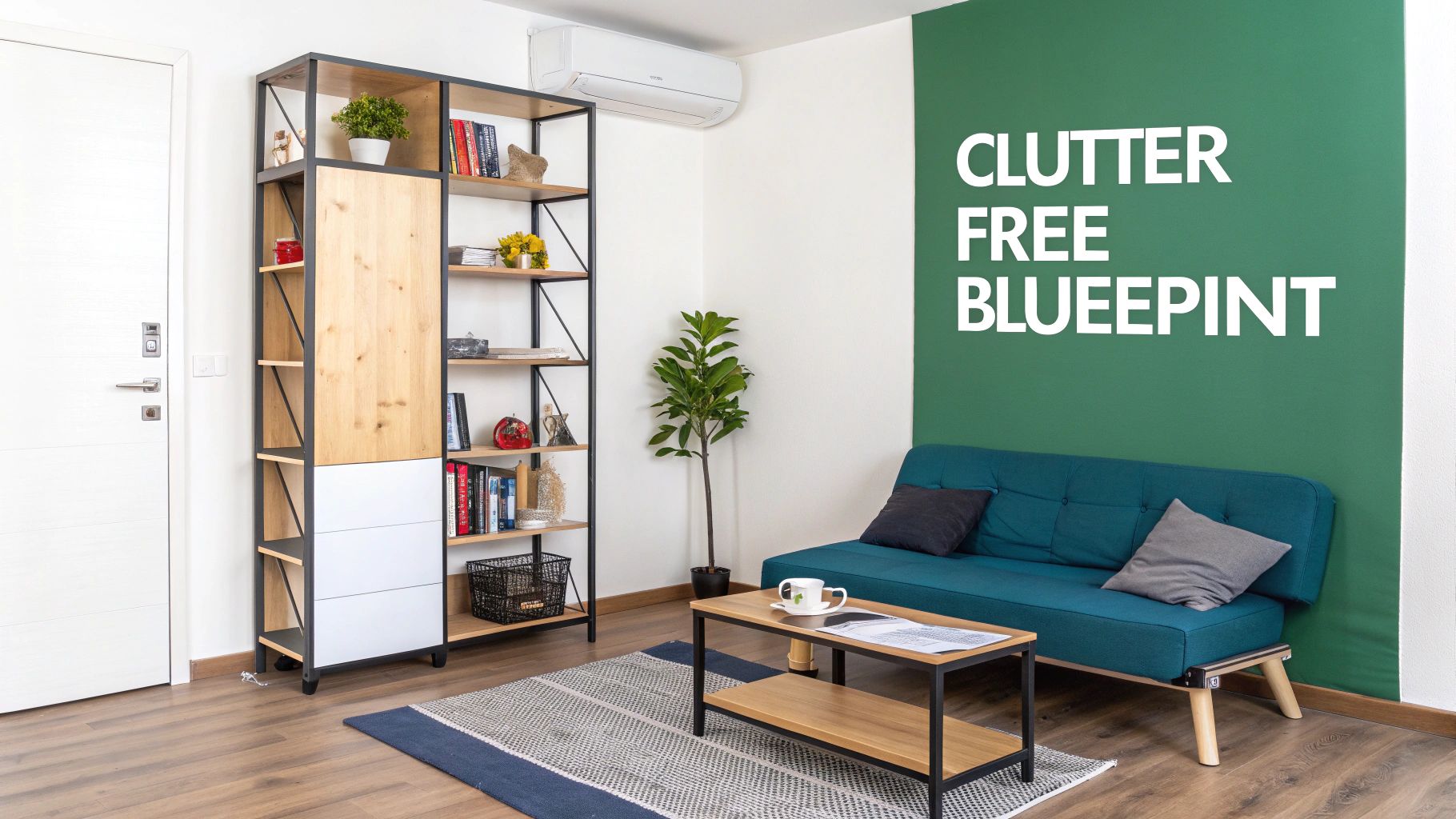 A well-organized small living room features a bookshelf, teal sofa, coffee table, and a green accent wall.