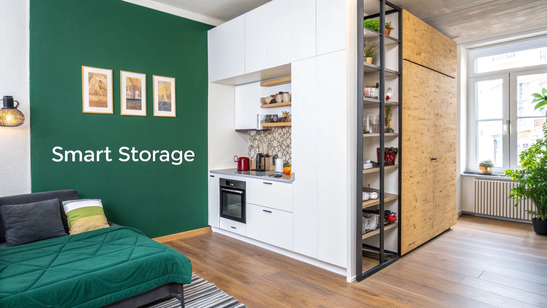 Modern studio apartment with smart storage solutions, compact kitchen, bed, and green accent wall.