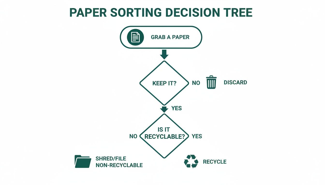 A paper sorting decision tree flowchart guiding users on whether to keep, discard, recycle, or shred paper.