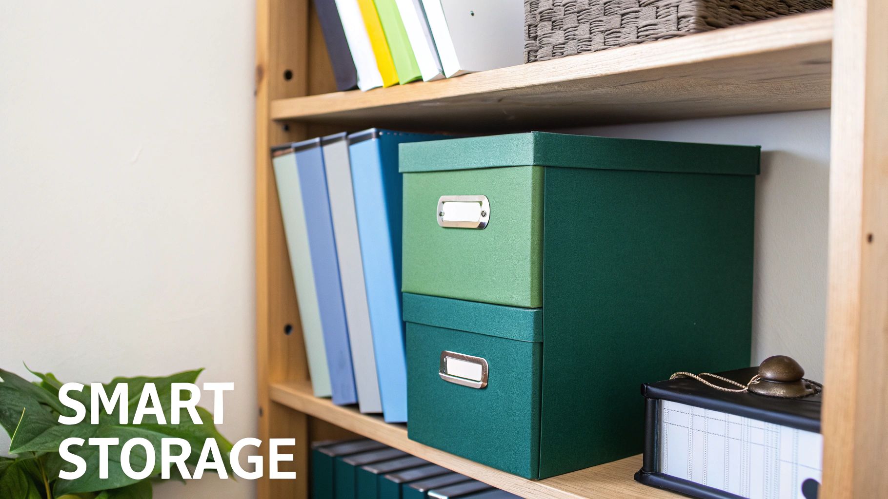 A neatly organized wooden bookshelf filled with colorful binders, green storage boxes, and a basket.