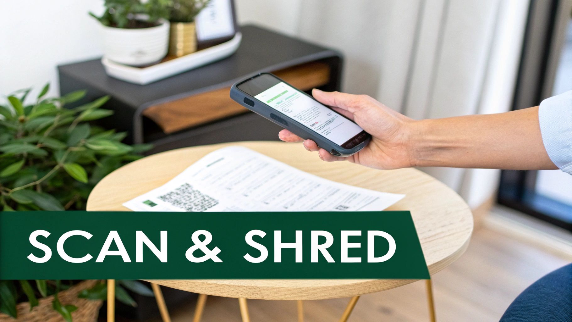 A person's hand holds a smartphone, scanning a paper document with a QR code on a light wooden table.