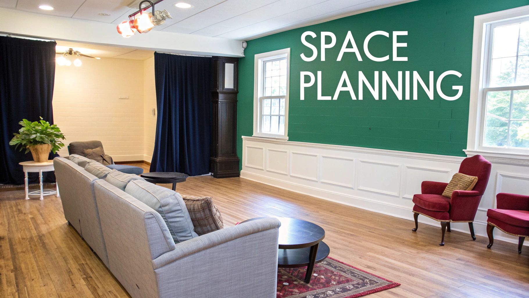 A contemporary lounge area with a green wall saying 'SPACE PLANNING', grey sofa, and red armchairs.