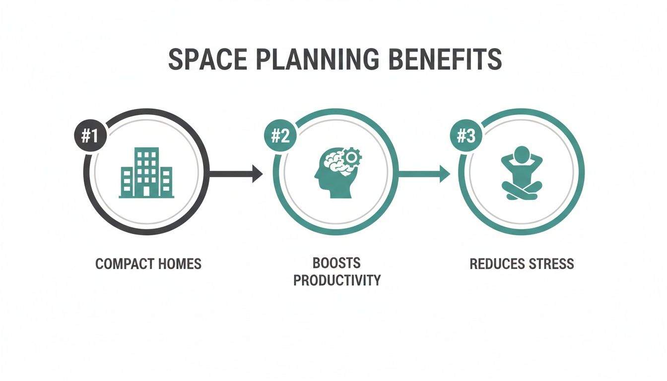 Flowchart illustrating three benefits of space planning: compact homes, boosted productivity, and reduced stress.