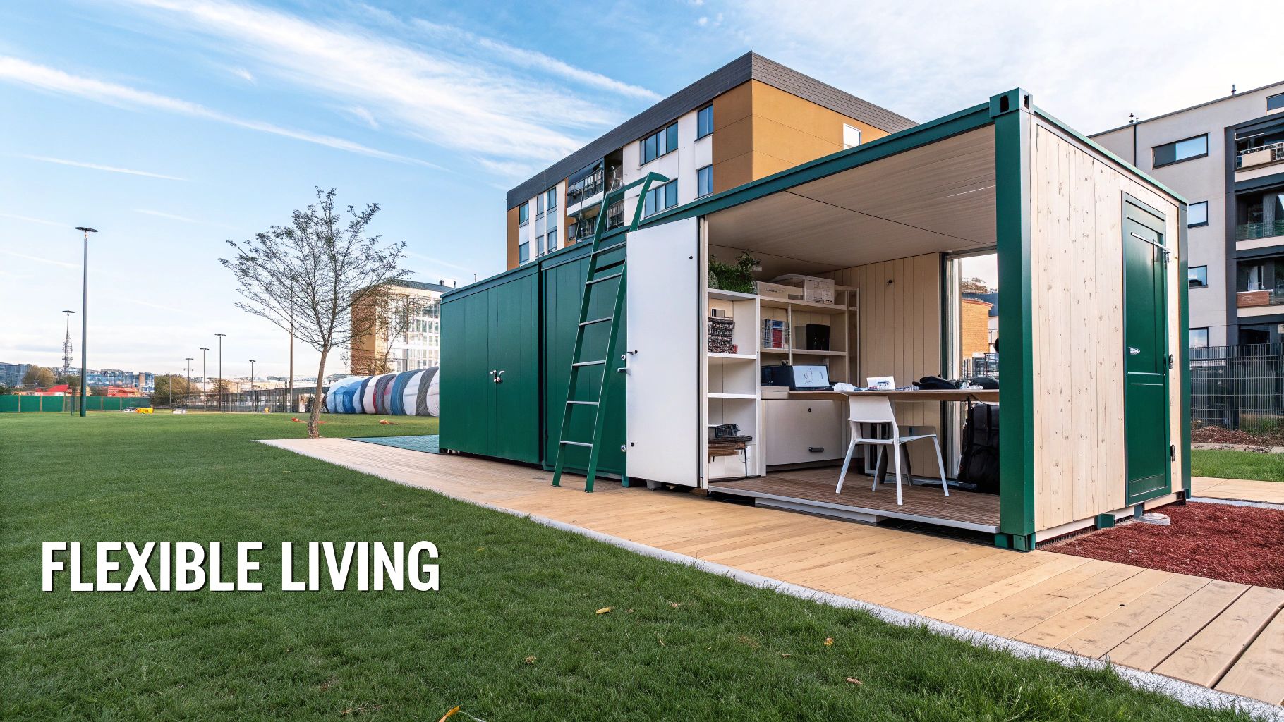 Modern container home with an open office space on a grassy lawn next to buildings.