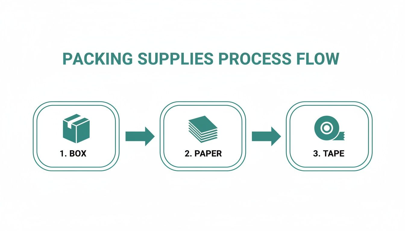 A packing supplies process flow diagram illustrating three steps: 1. Box, 2. Paper, and 3. Tape, with icons.