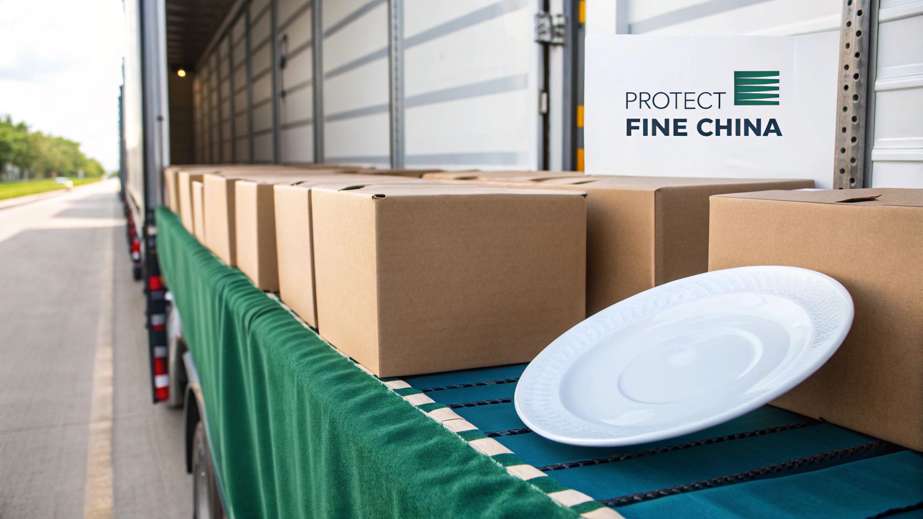 Cardboard boxes are being loaded into a moving truck, with a white plate and a “PROTECT FINE CHINA” sign.