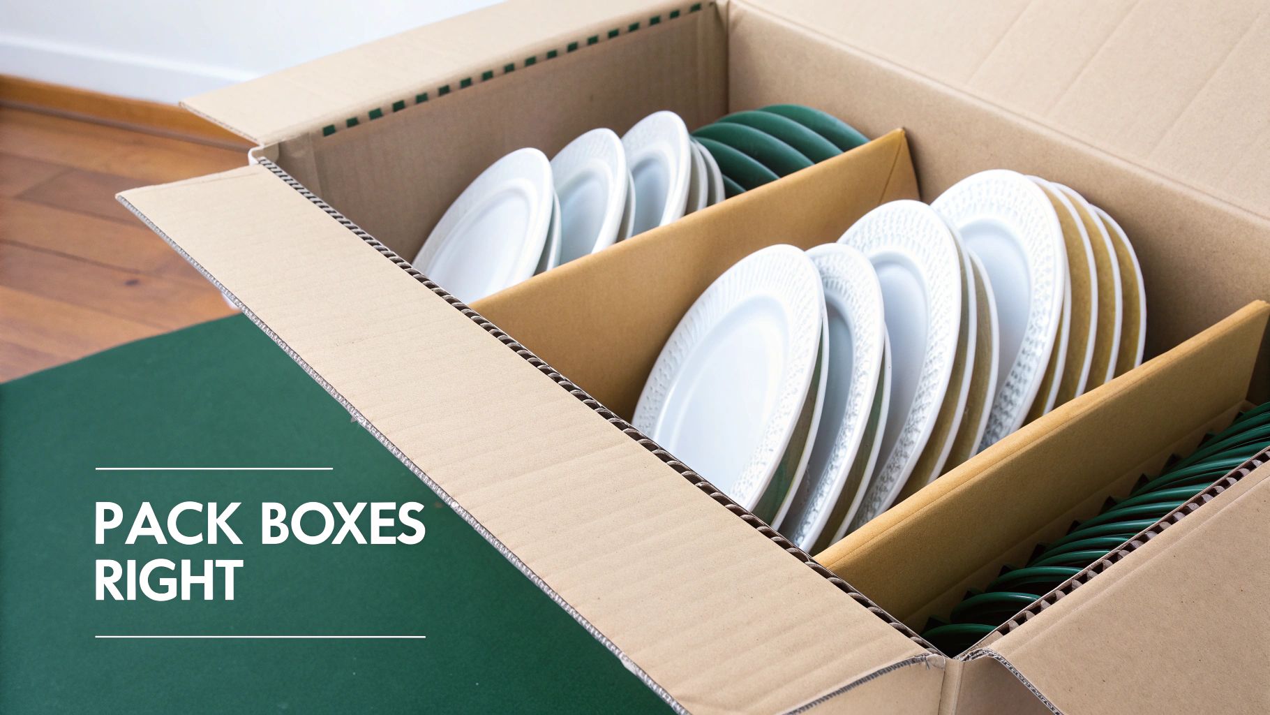 White and green plates are neatly organized in a cardboard box with dividers for moving.