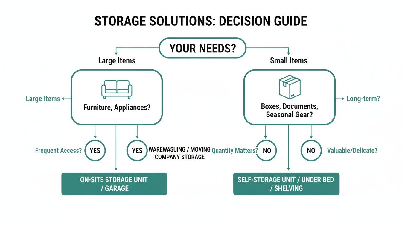 Flowchart illustrating a decision guide for choosing storage solutions based on item size and access needs.