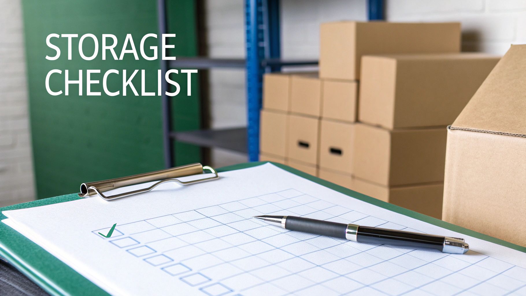 A storage checklist on a clipboard with a pen, showing a checked item, surrounded by moving boxes.