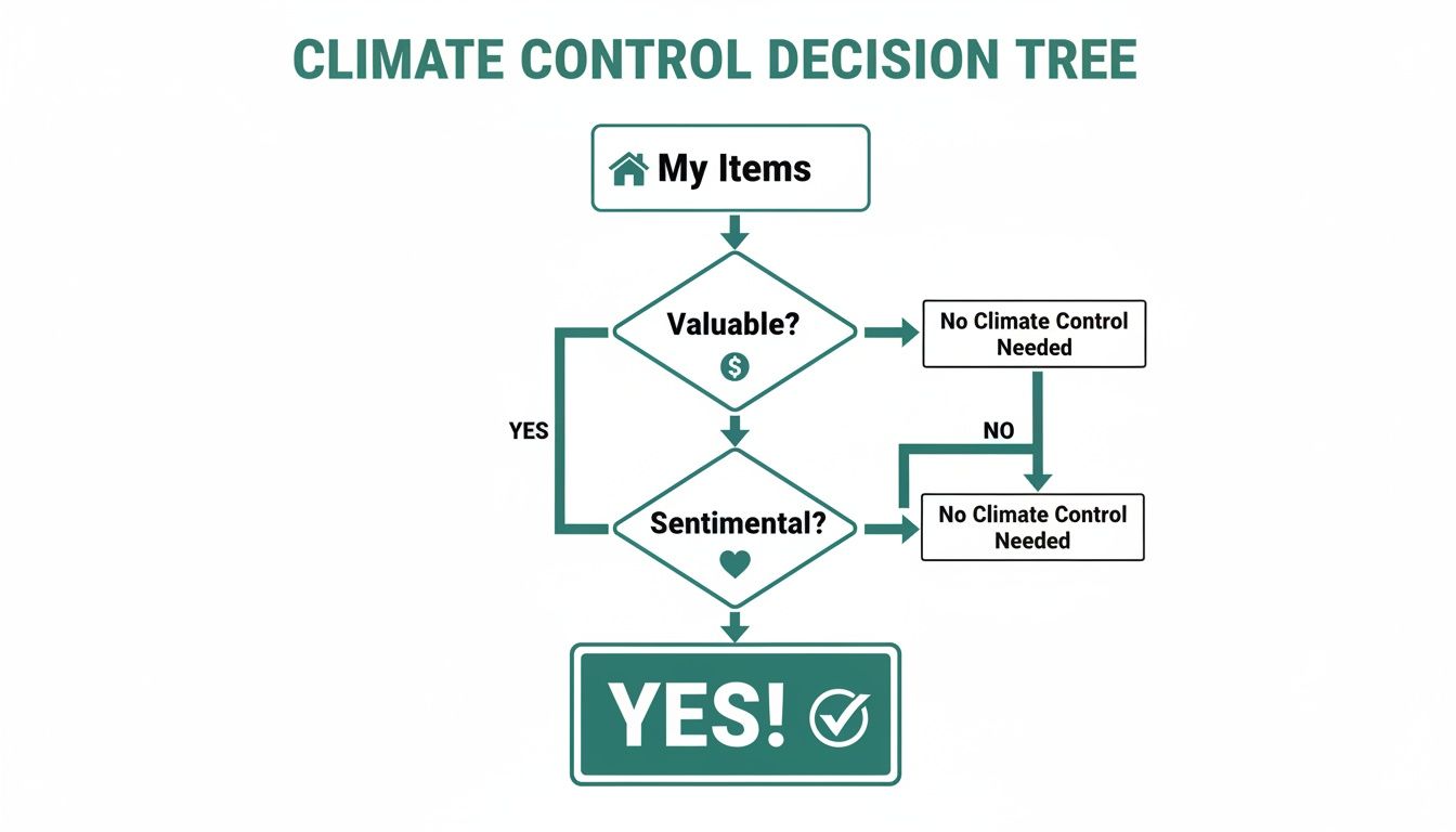 A flowchart titled 'Climate Control Decision Tree' guides on determining if items require climate control.