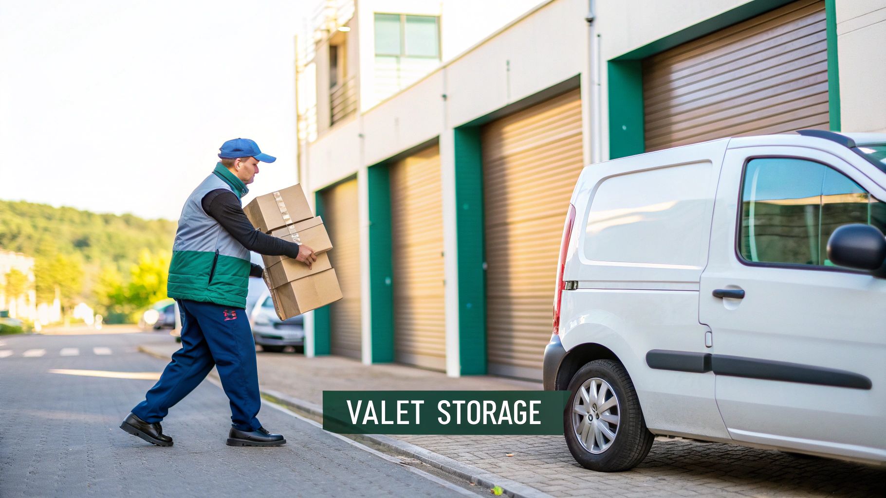 A delivery person carries cardboard boxes past a white van and self-storage units, implying valet storage service.