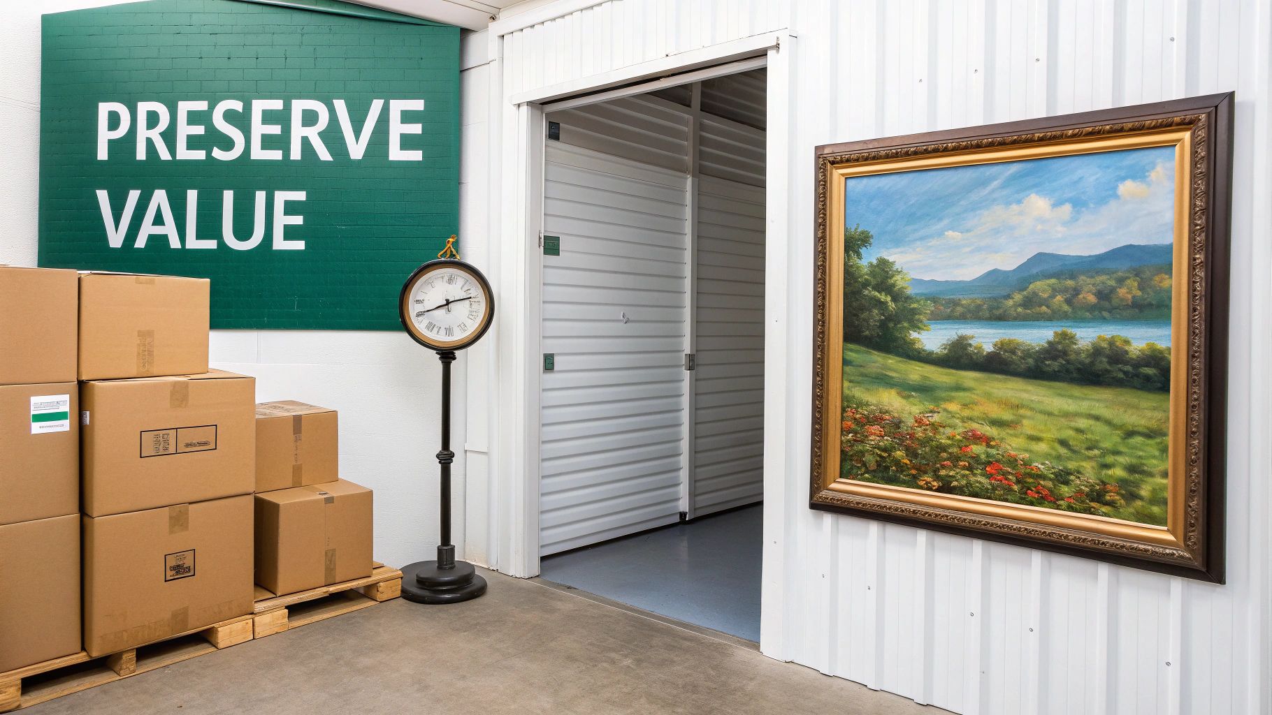 A landscape painting, boxes, and a clock near an open storage unit with a 'PRESERVE VALUE' sign.