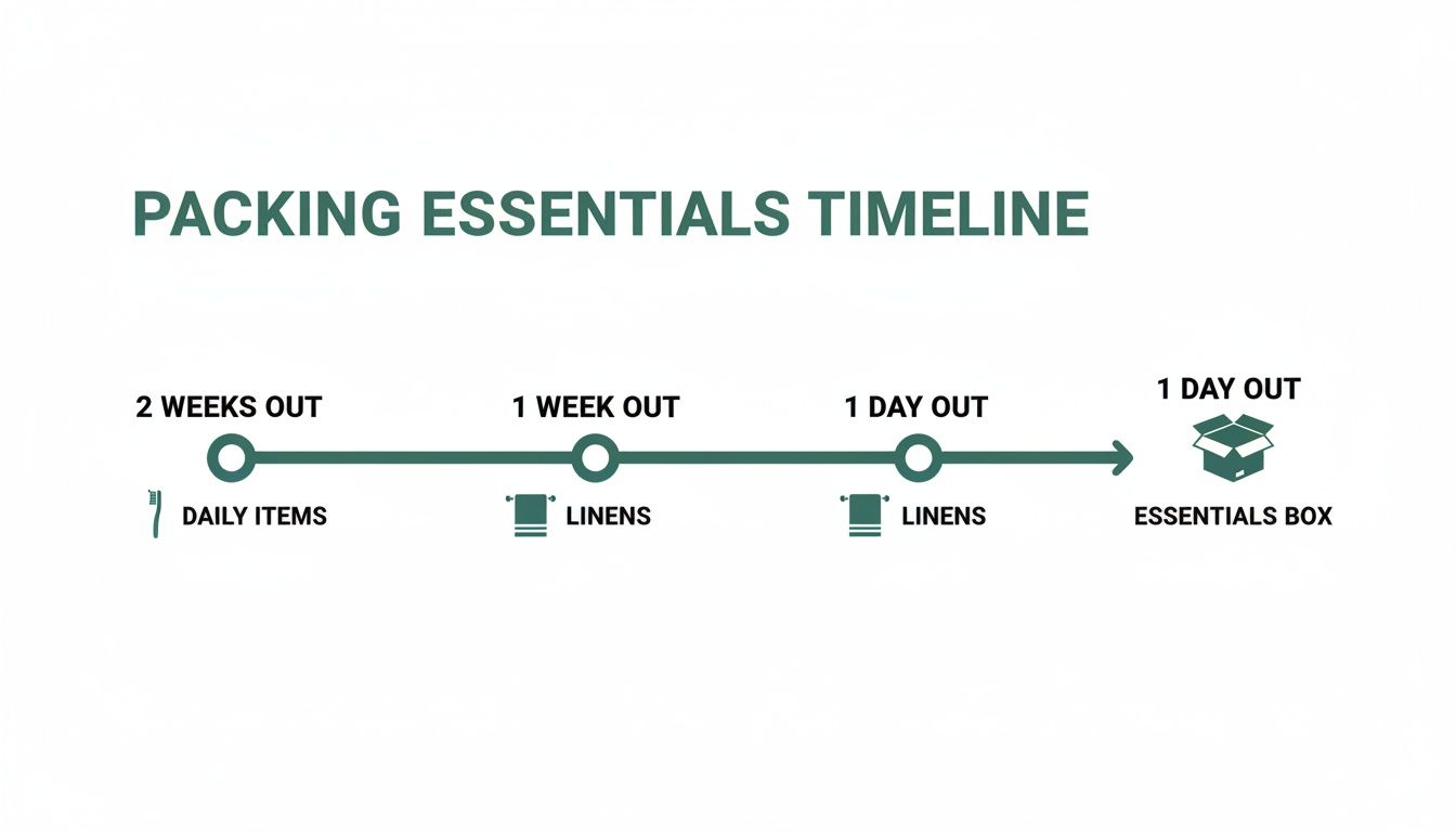 A packing essentials timeline showing items to pack at 2 weeks, 1 week, and 1 day out from a move.