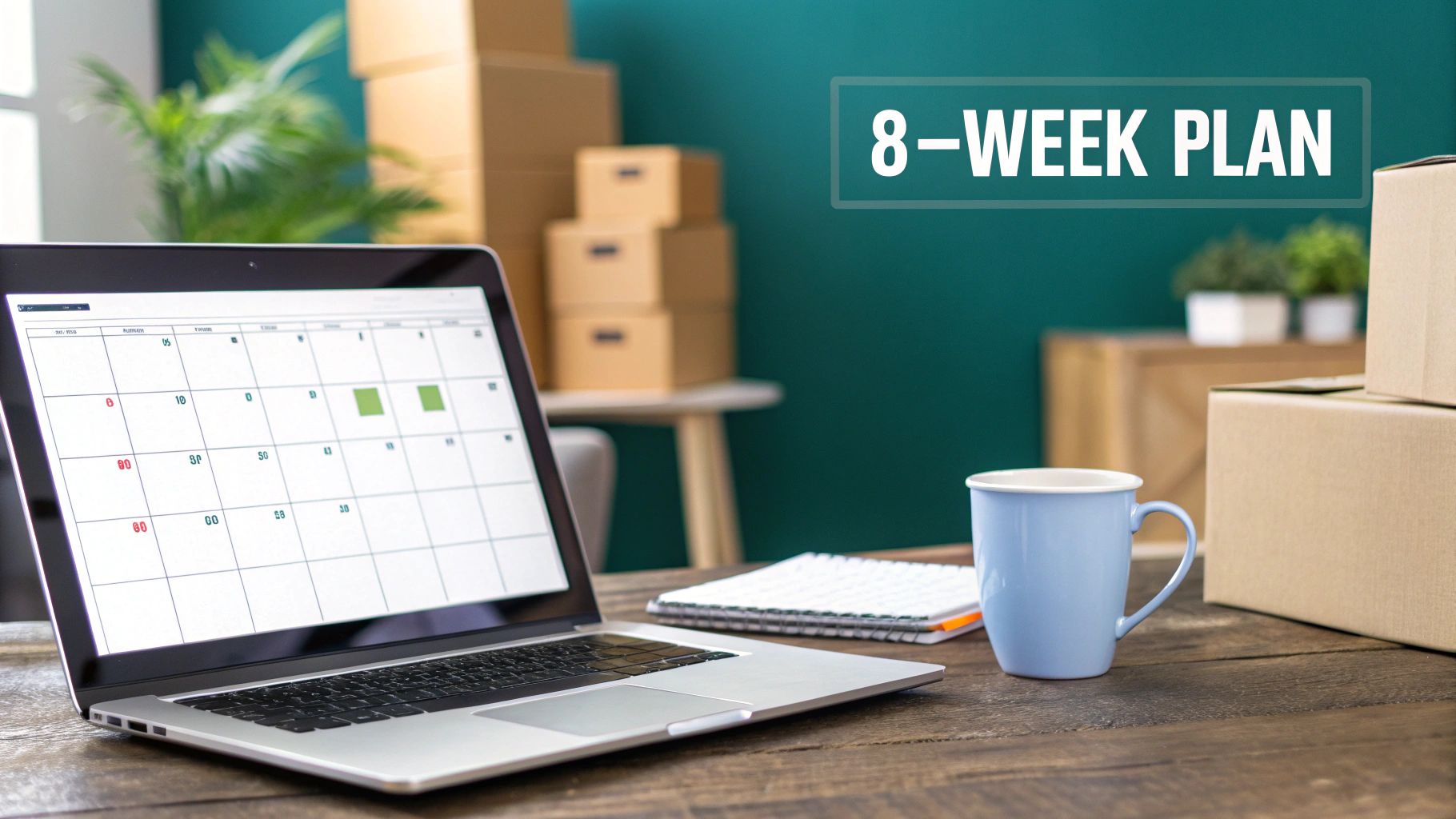 A laptop displaying a calendar for an 8-week moving plan, surrounded by packing boxes.